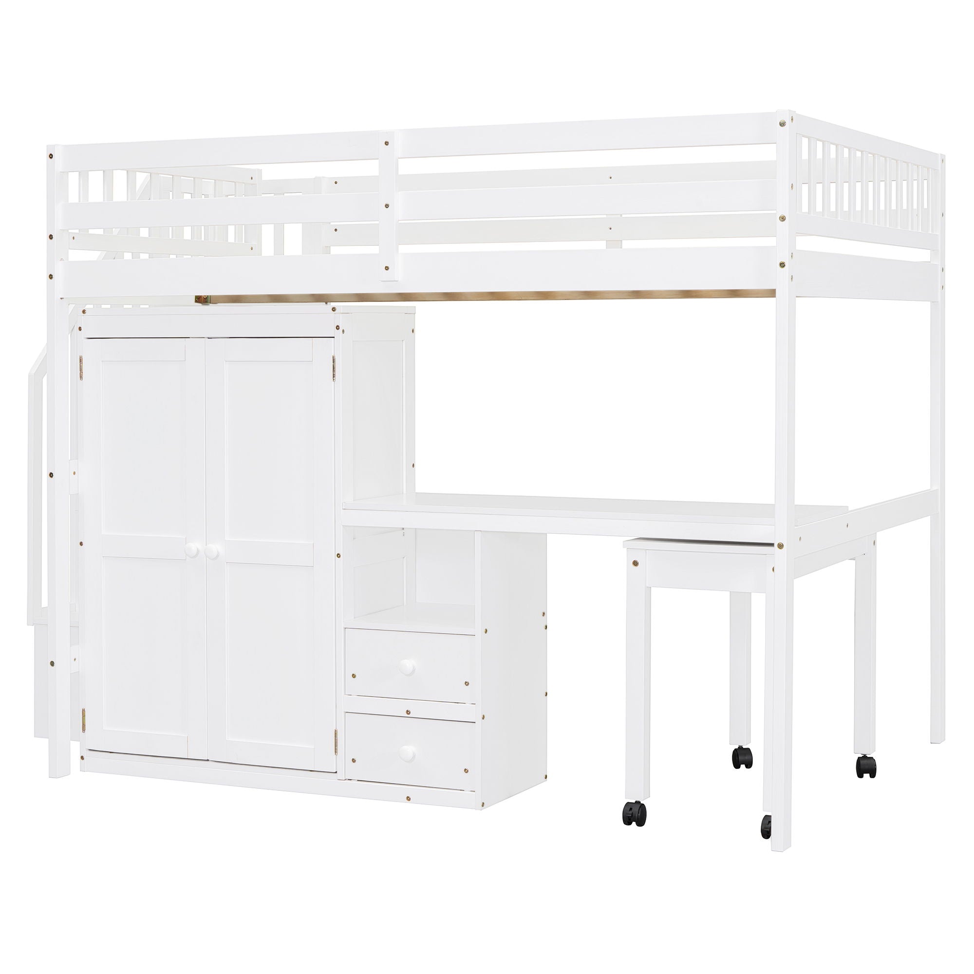 Loft Bed With Stairs, Bookshelf, Drawers, Desk &amp; Wardrobe, Space Saving Multifunctional Furniture