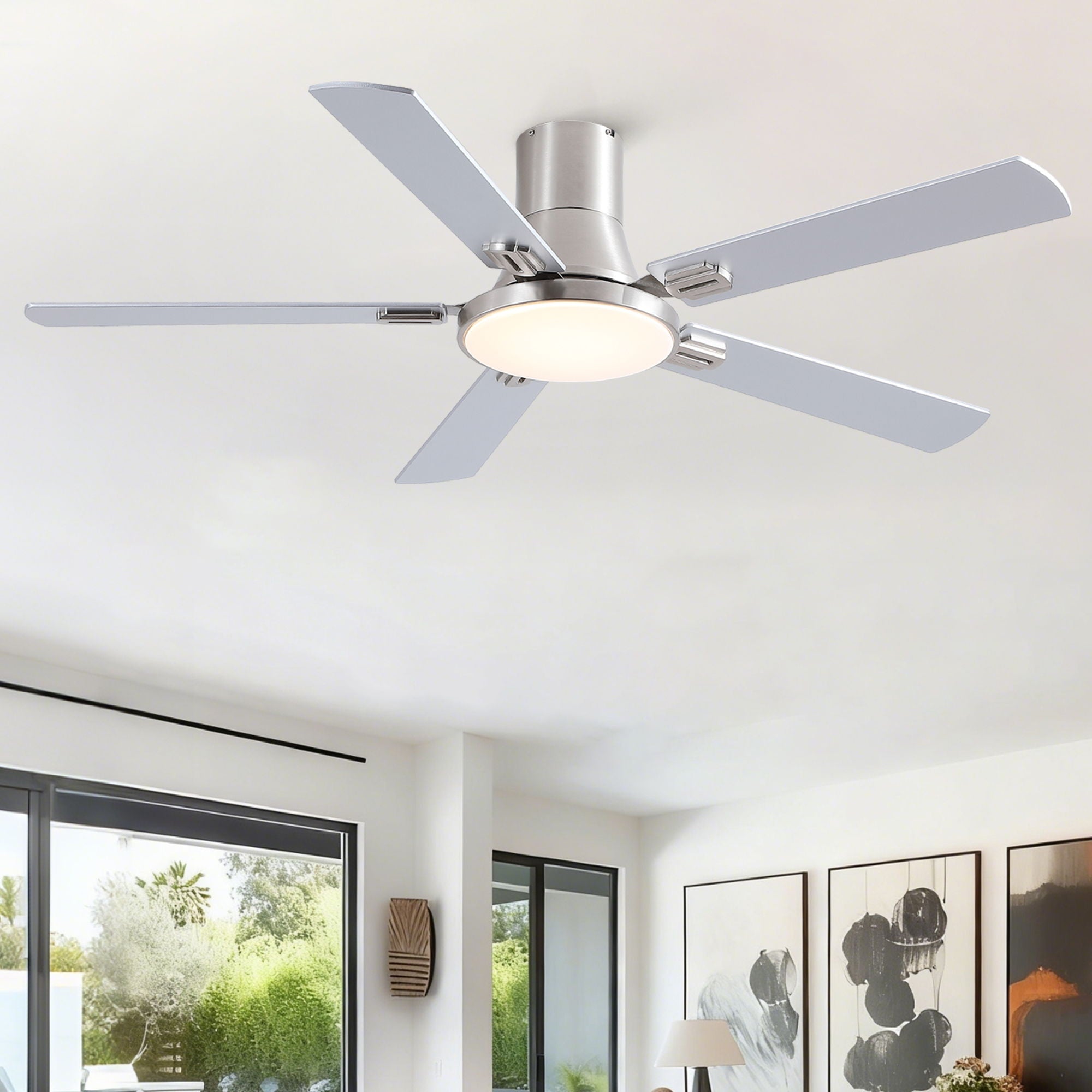 Flush Mount Ceiling Fans With LED Light And Remote Control, 5 Blades