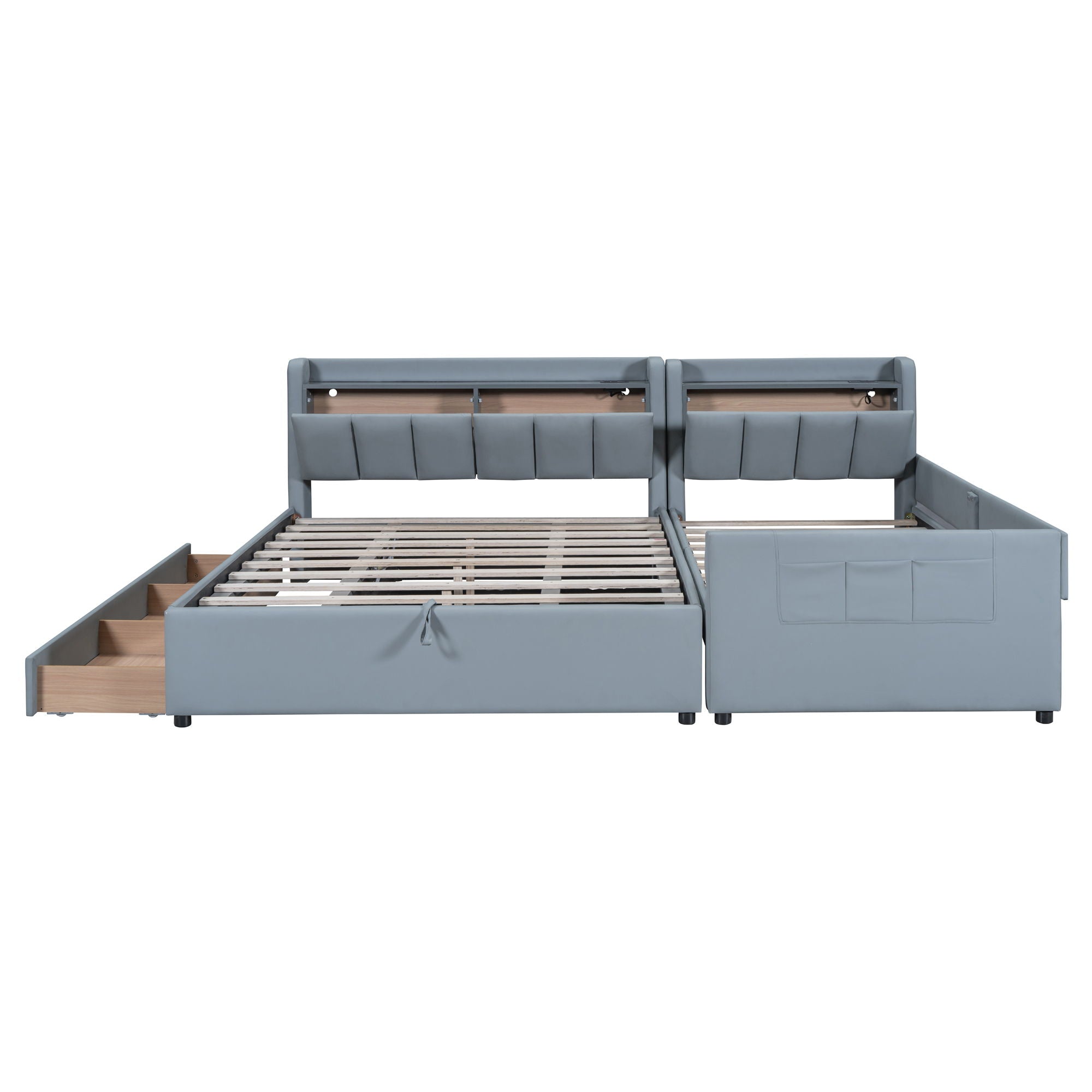 Upholstered Mother &amp; Child Bed With Hydraulic Storage System, Drawer Box, Bedhead Storage Shelf And 2 Pairs Of Sockets &amp; USB Ports