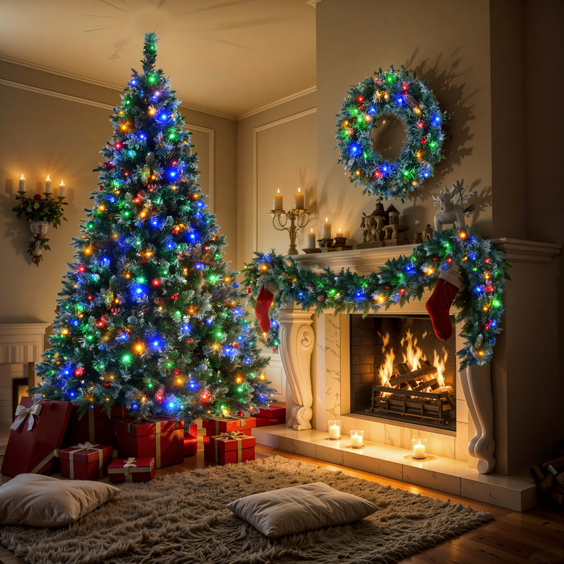 6FT Dark Green Pine Christmas Tree, Pre-Lit Set with Tree &amp; Garland &amp; Wreath, Hinged Artificial Xmas Tree with White Tips, Red Berries and Pine Cones, 11 Colorful Modes, Indoor Holiday Decoration