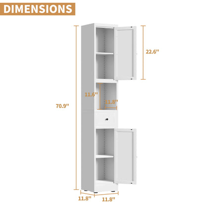 Tall Bathroom Storage Cabinet, 5-Tier Narrow With 2 Doors &amp; Adjustable Shelves, Freestanding - White