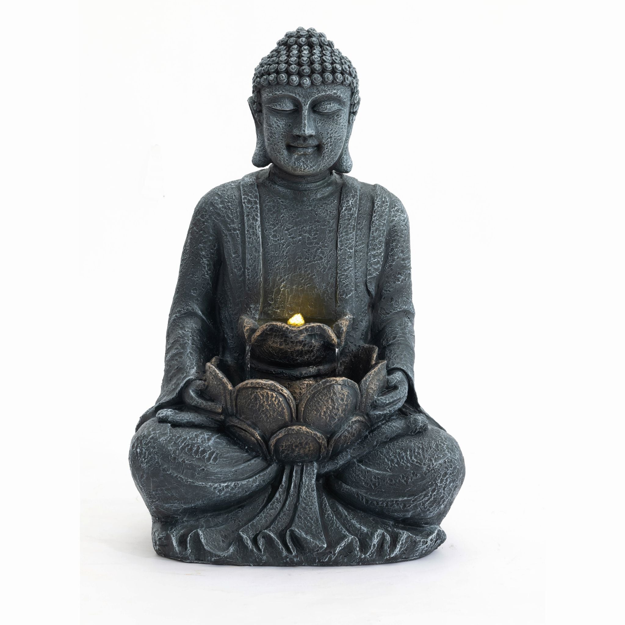 Zen - 2 Tier Meditating Buddha Water Fountain With Pump &amp; LED Light - Gray