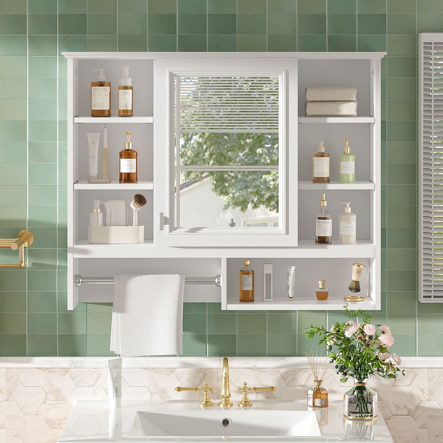 Wall Mount 2 In 1 Mirror Cabinet With Adjustable Shelves, Open Storage, For Bathroom Vanity - White