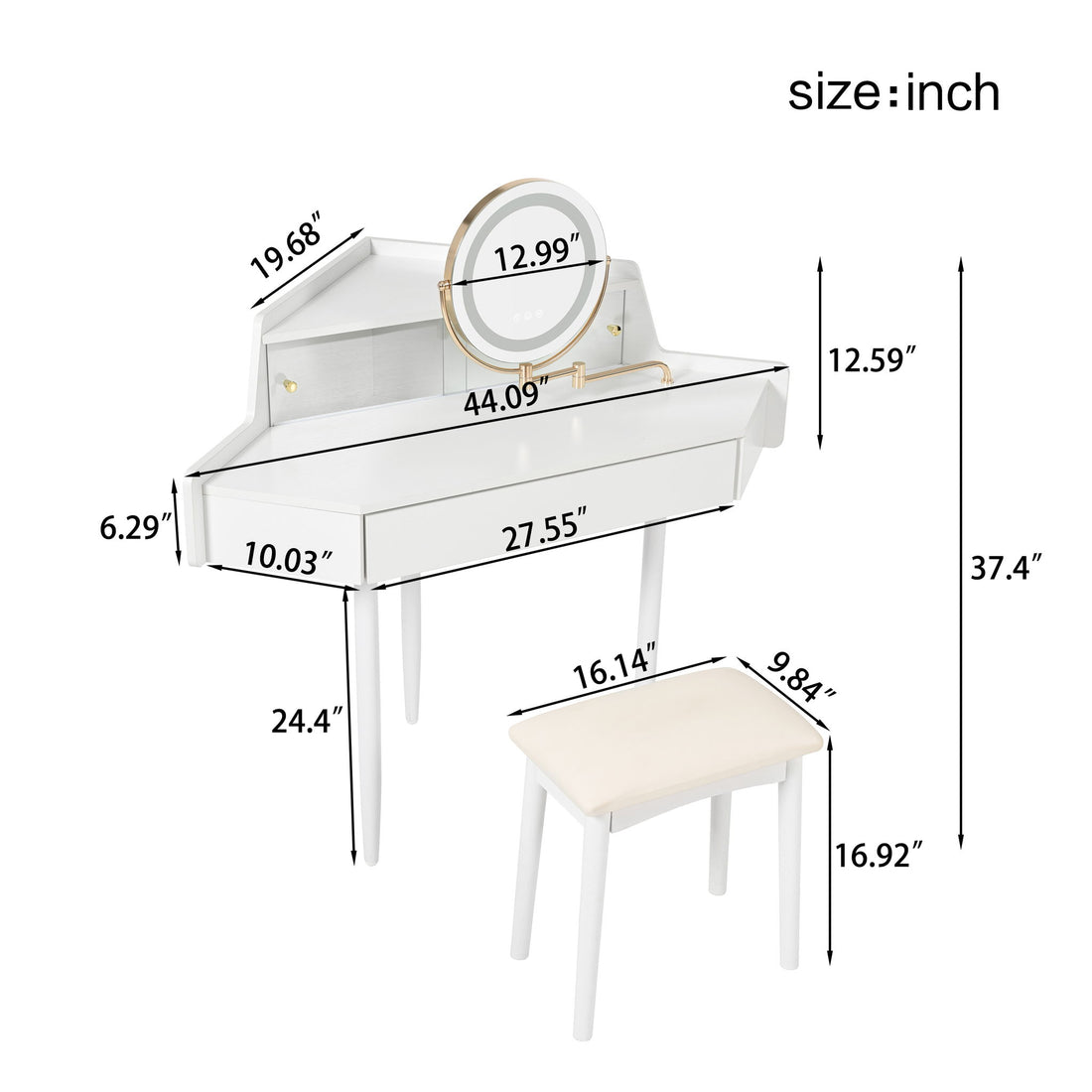 Modern Corner Makeup Vanity Desk With Large Storage, LED Mirror &amp; Stool, Adjustable Brightness, Space Saving - White