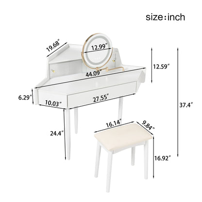 Modern Corner Makeup Vanity Desk With Large Storage, LED Mirror &amp; Stool, Adjustable Brightness, Space Saving - White