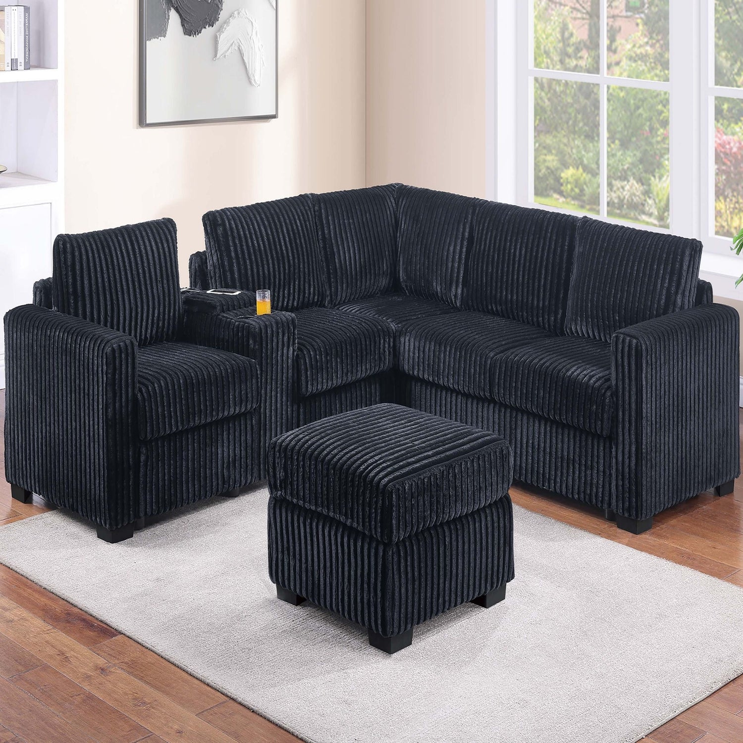 Contemporary L-Shaped Sectional Set With USB Console &amp; Ottoman