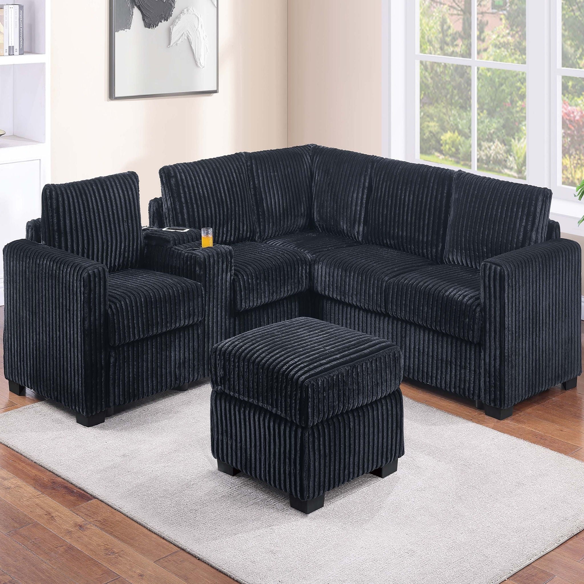 Contemporary L-Shaped Sectional Set With USB Console &amp; Ottoman