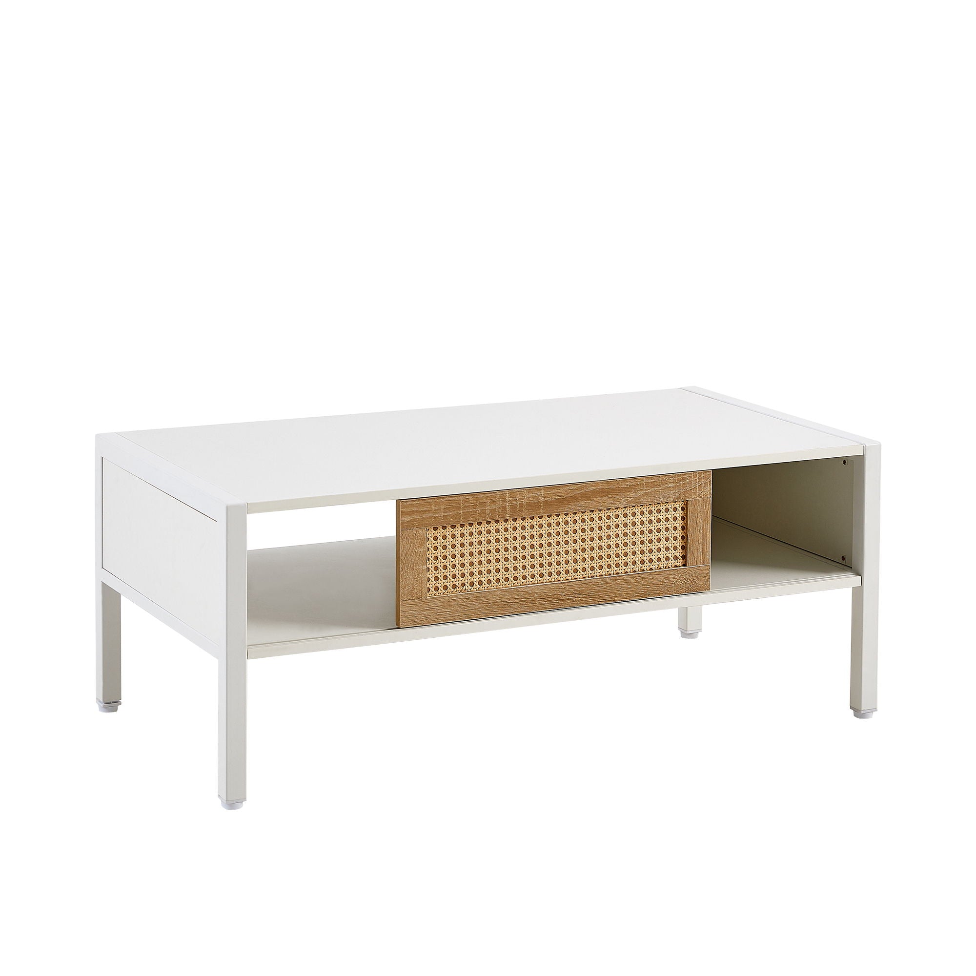 40.16&quot; Rattan Coffee Table, Sliding Door For Storage, Metal Legs, Modern Table For Living Room