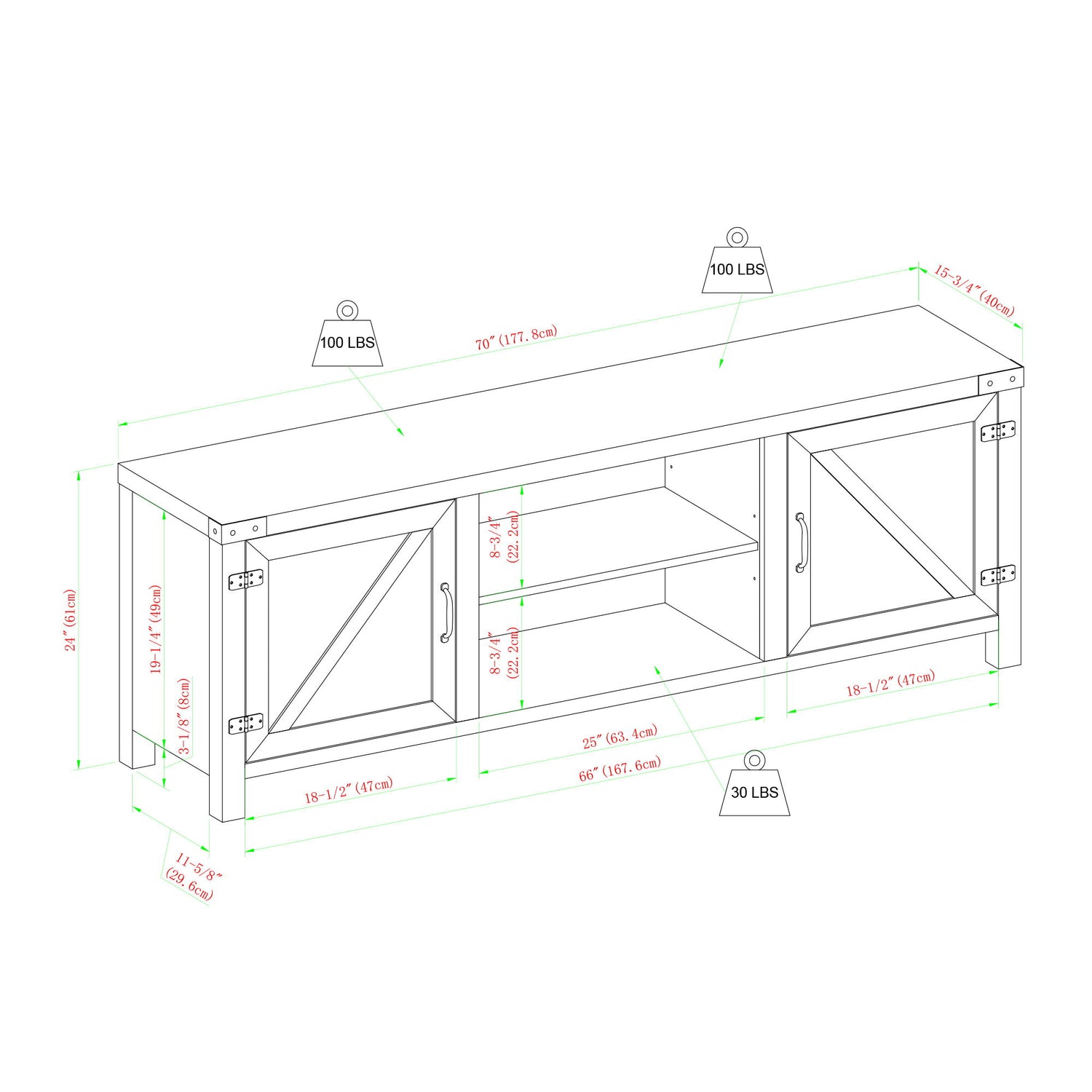 Rustic Farmhouse Double Barn Door 70&quot; TV Stand For 80&quot; TVs With Center Shelves