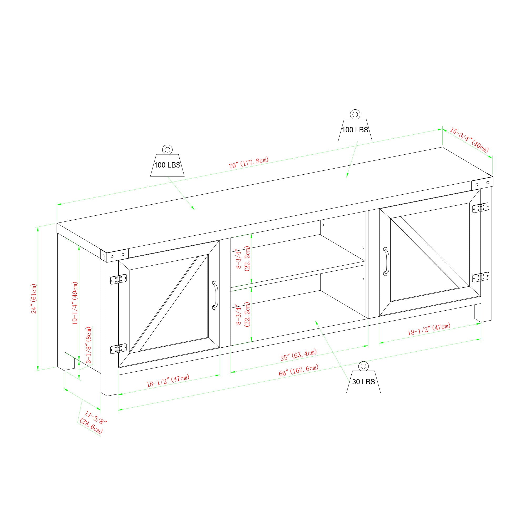 Rustic Farmhouse Double Barn Door 70&quot; TV Stand For 80&quot; TVs With Center Shelves