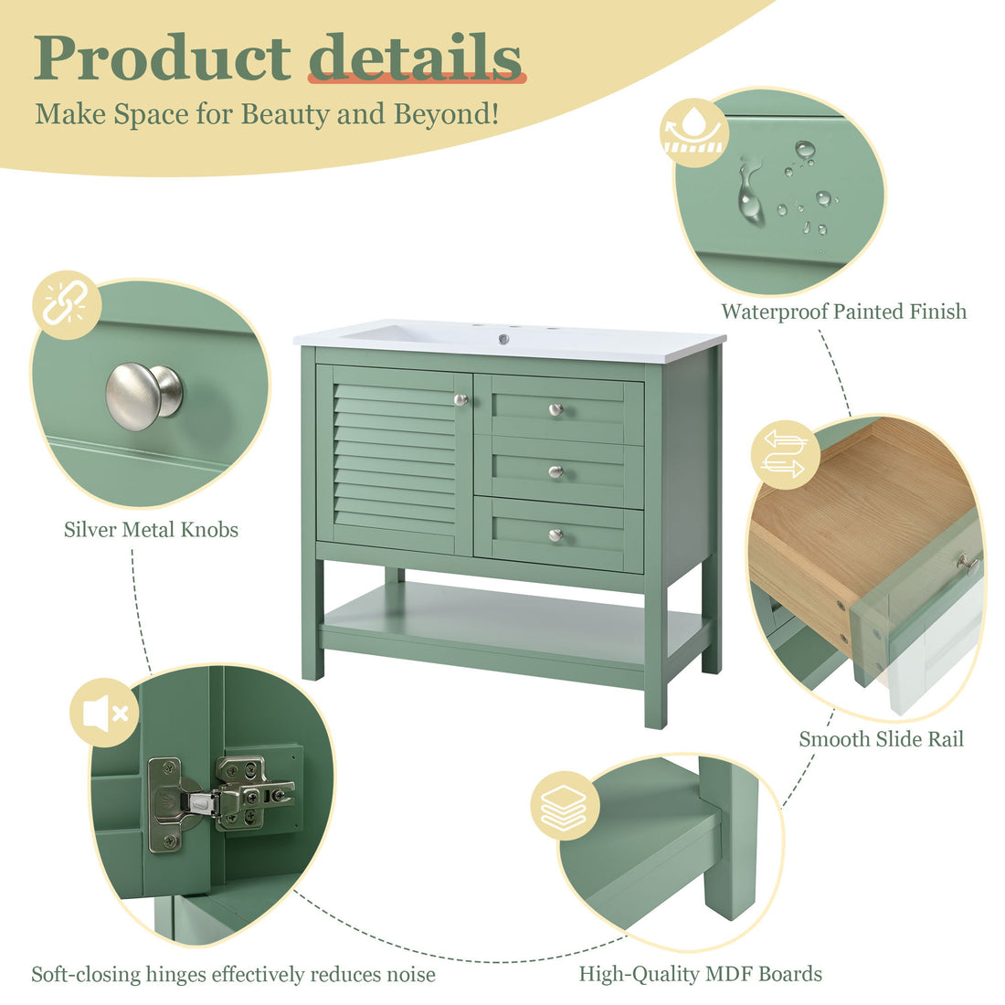 Bathroom Vanity With Undermount Sink, Free Standing Vanity Set With 2 Drawers &amp; Soft Closing Doors, Bathroom Storage Cabinet With Feet - Green