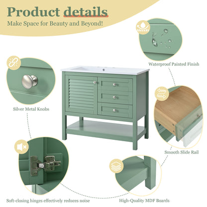 Bathroom Vanity With Undermount Sink, Free Standing Vanity Set With 2 Drawers &amp; Soft Closing Doors, Bathroom Storage Cabinet With Feet - Green