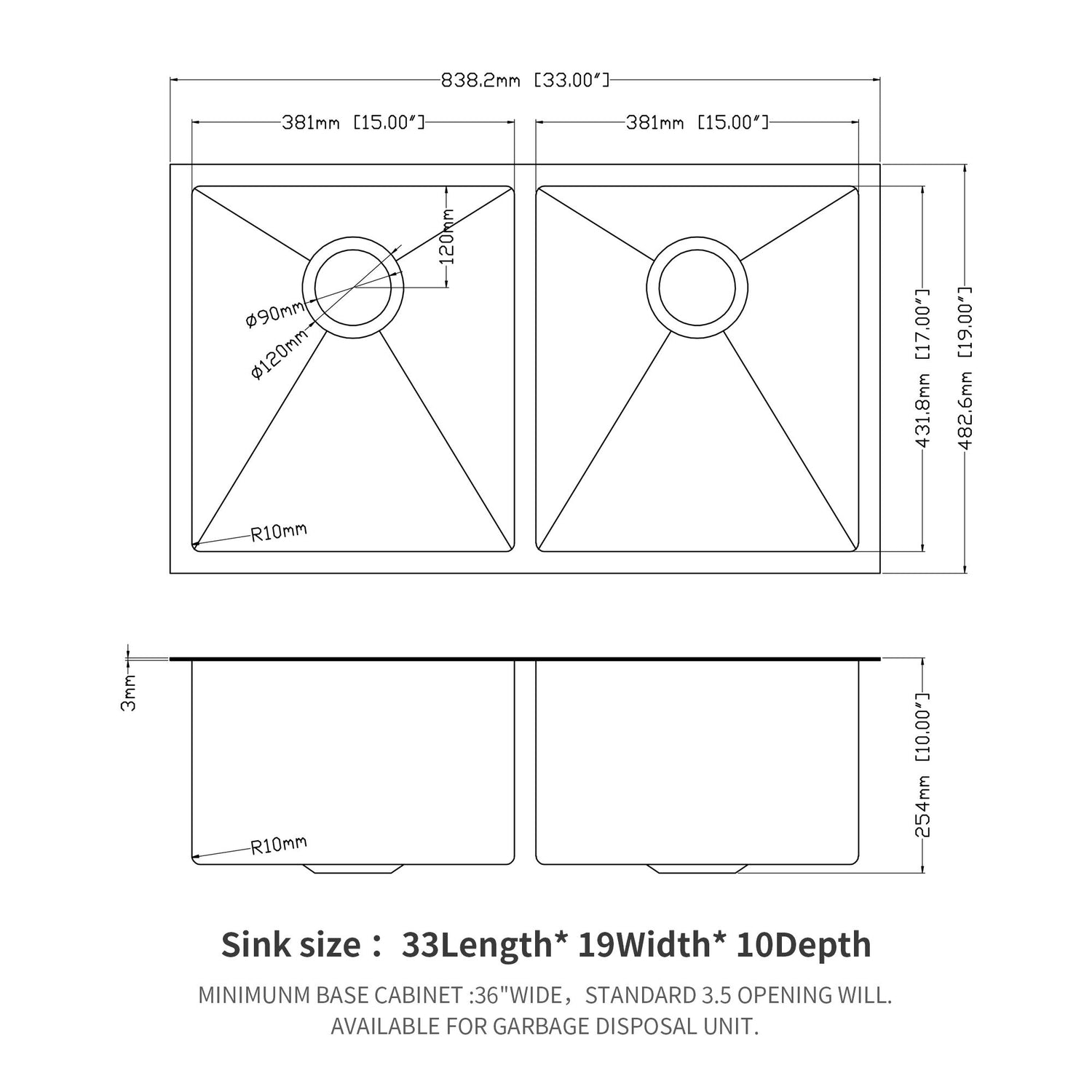 Double Bowl Undermount Kitchen Sink 16 Gauge 33&quot; X 19&quot; With Dual 10&quot; Deep Basins - Gunmetal Black