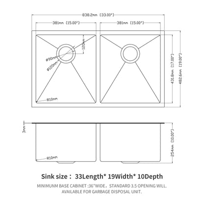 Double Bowl Undermount Kitchen Sink 16 Gauge 33&quot; X 19&quot; With Dual 10&quot; Deep Basins - Gunmetal Black