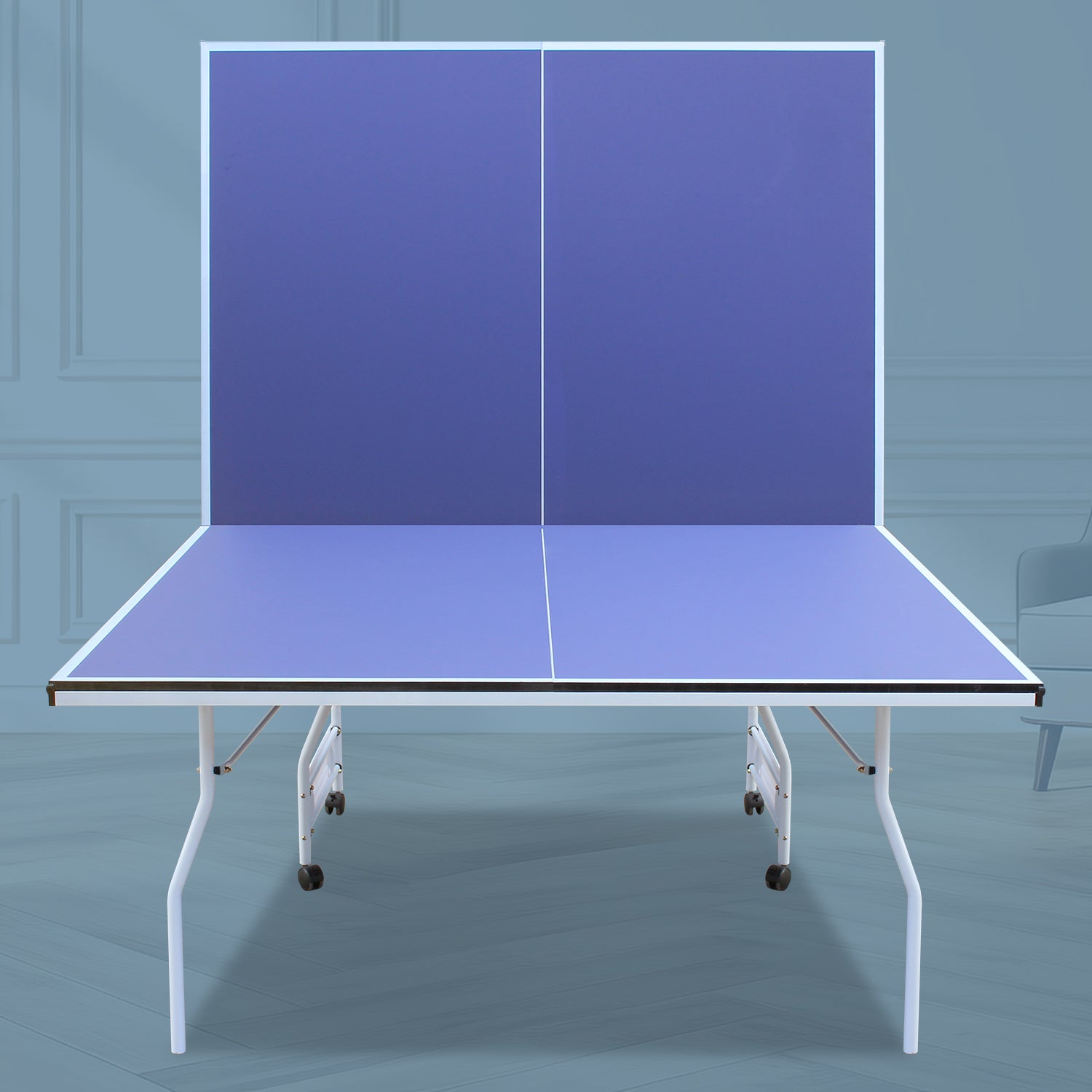 9ft Mid-Size Table Tennis Table Foldable &amp; Portable Ping Pong Table Set for Indoor Games with Net, 2 Table Tennis Paddles and 3 Balls