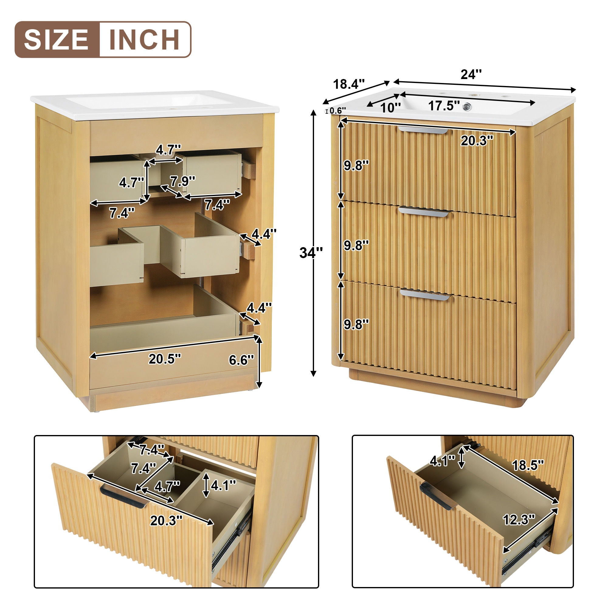 Bathroom Vanity With Sink, Open Shelf &amp; Closed Storage - Natural Wood