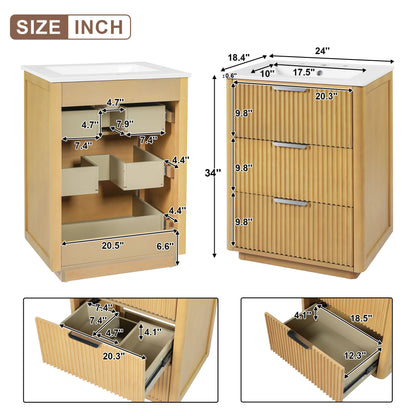 Bathroom Vanity With Sink, Open Shelf &amp; Closed Storage - Natural Wood