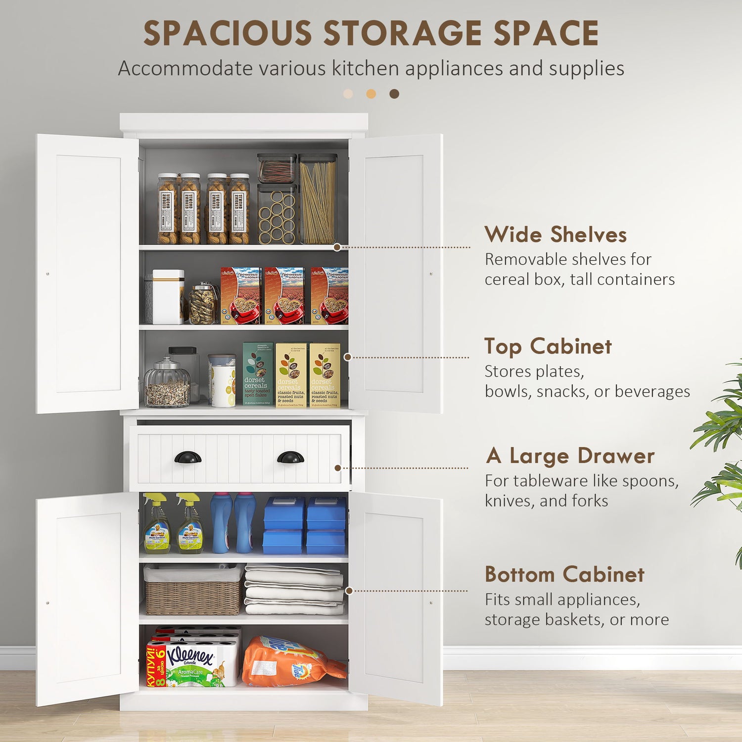 Homcom - 72&quot; Kitchen Pantry, Tall Storage Cabinet, Freestanding Cupboard With Drawer, Doors And Adjustable Shelves - White