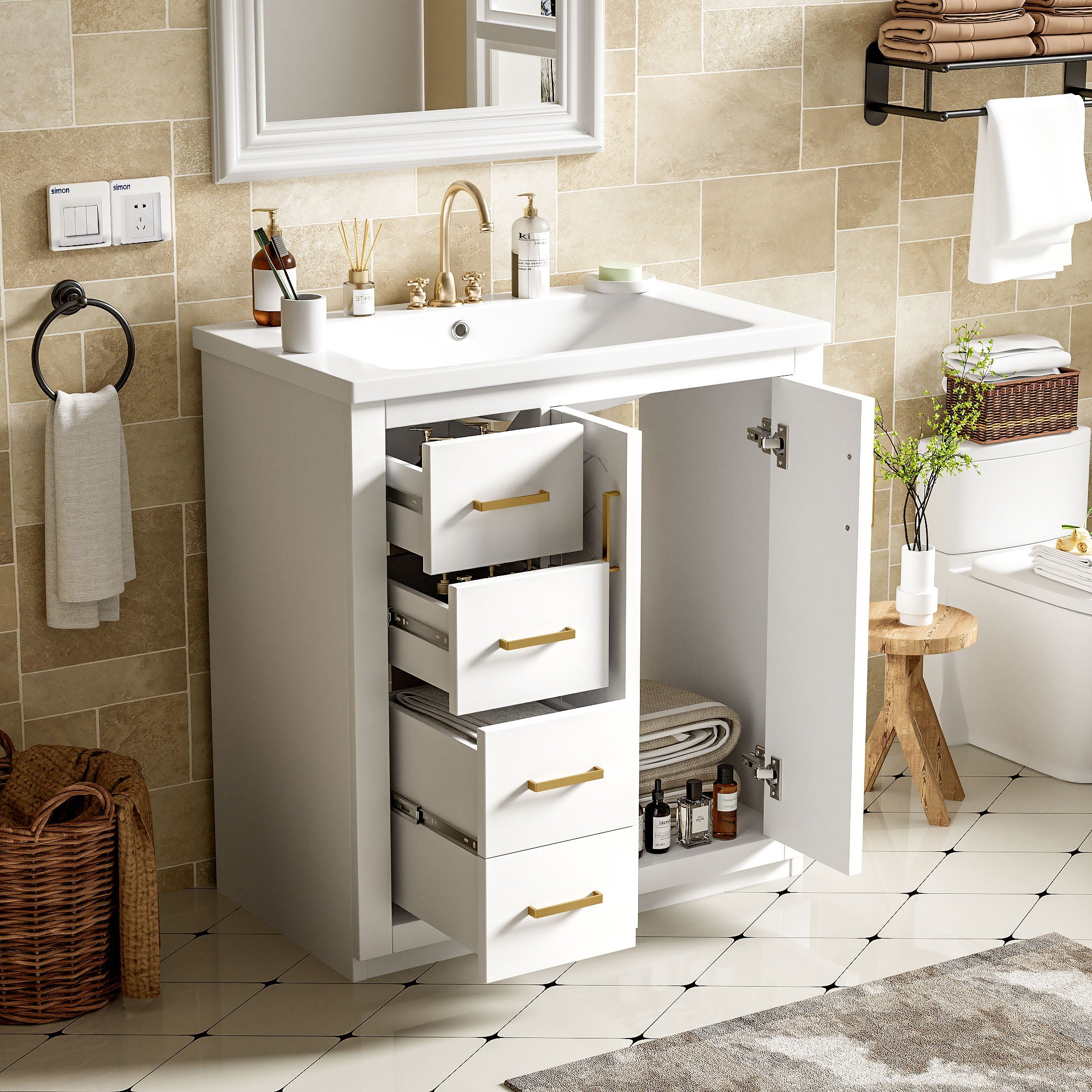 Ceramic Sink Combo, Freestanding Vanity Set With 3 Drawers &amp; Soft Closing Doors