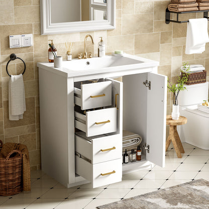 Ceramic Sink Combo, Freestanding Vanity Set With 3 Drawers &amp; Soft Closing Doors