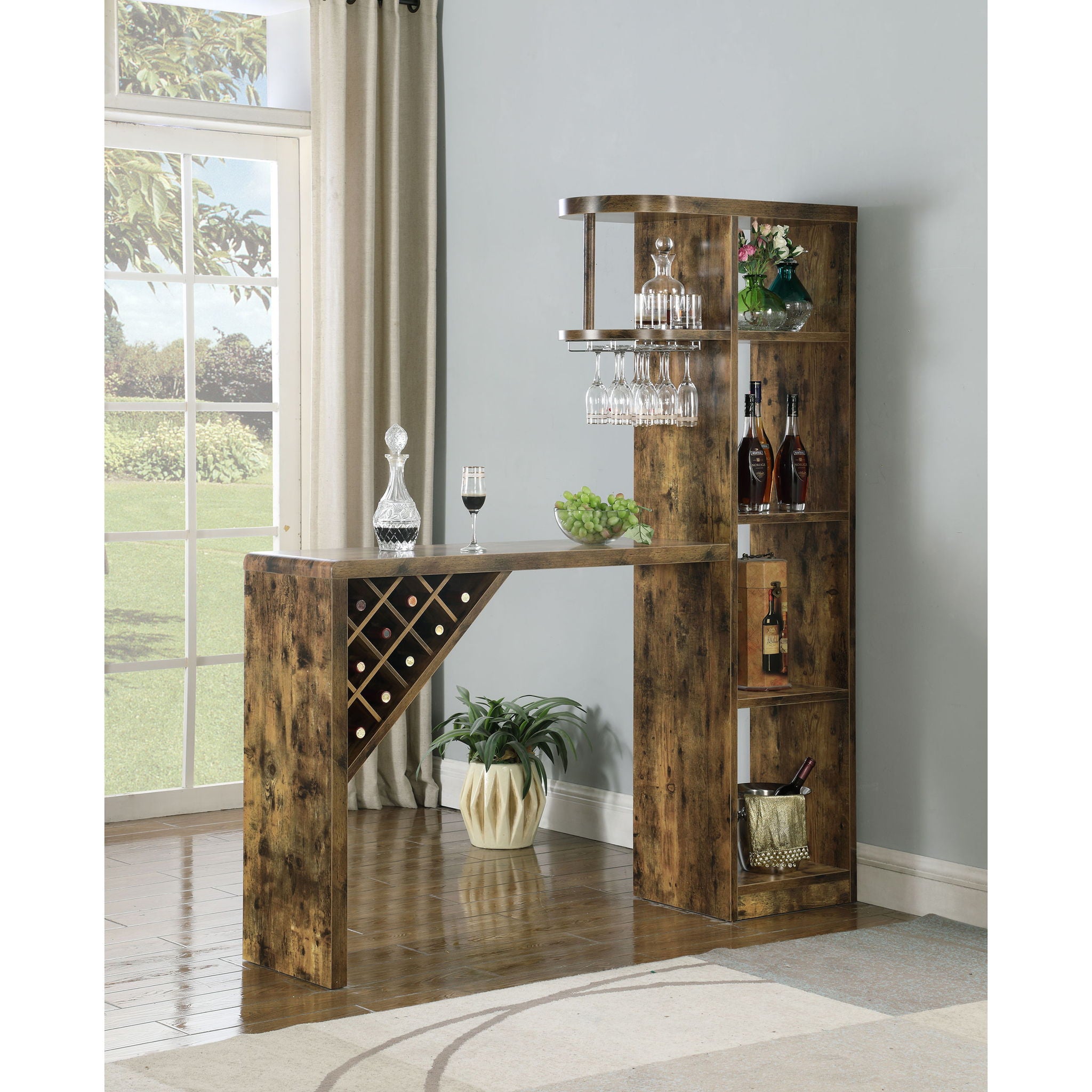 Kady - 5 Shelf Home Bar Table With Wine &amp; Stemware Storage - Brown
