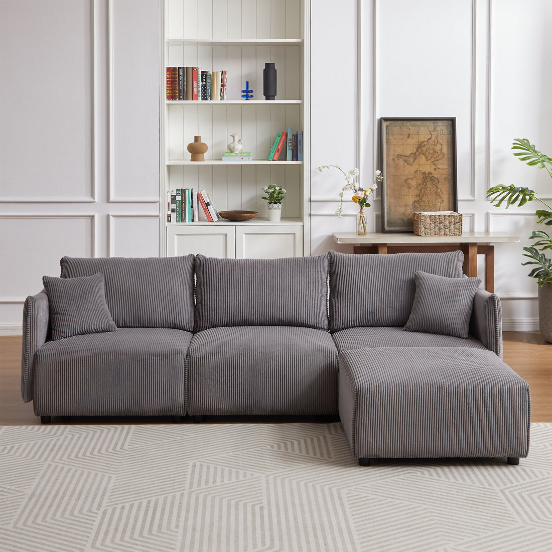 Modern Minimalist Corduroy Combination Sofa With 2 Comfort Cushions With USB &amp; C Charging Ports