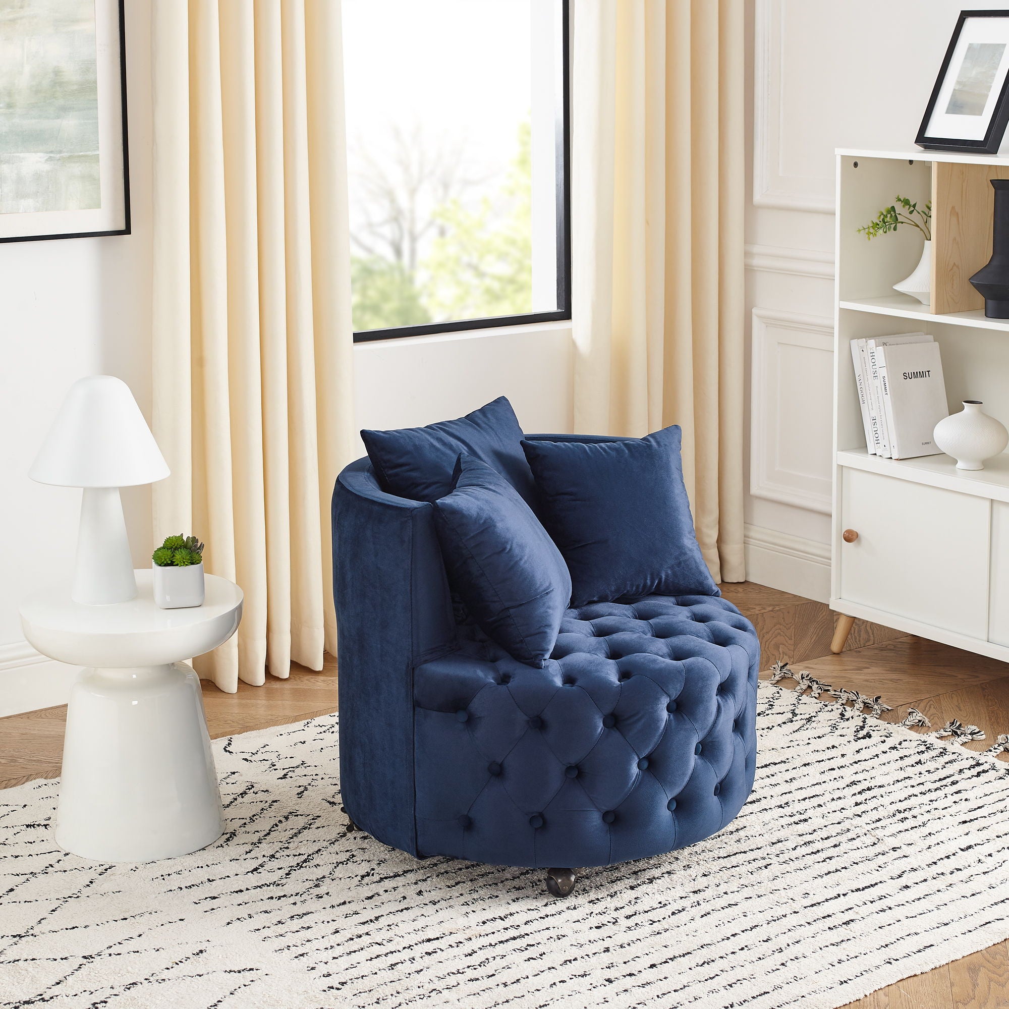 Modern Upholstered Swivel Chair With Button Tufted Design And Movable Wheels