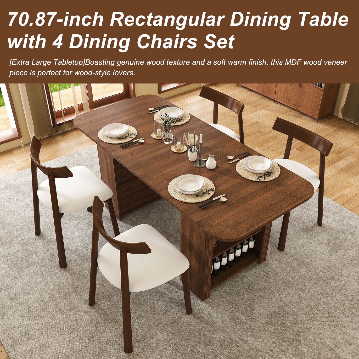 Dining Set With 4 Chairs, Table With Drawers &amp; Open Shelf - Walnut