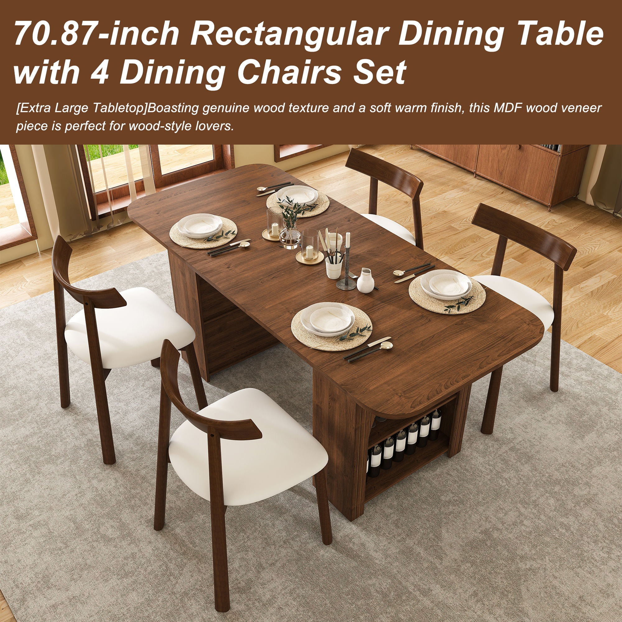 Dining Set With 4 Chairs, Table With Drawers &amp; Open Shelf - Walnut