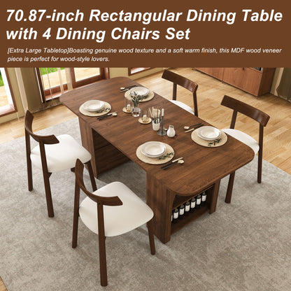 Dining Set With 4 Chairs, Table With Drawers &amp; Open Shelf - Walnut
