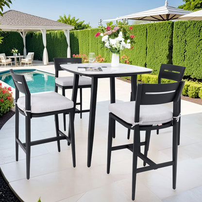 Modern Outdoor Patio Bar Set, Rounded Square Table &amp; Bar Chairs, Non Rust Frame, Tapered Legs, Sunbrella Cushion