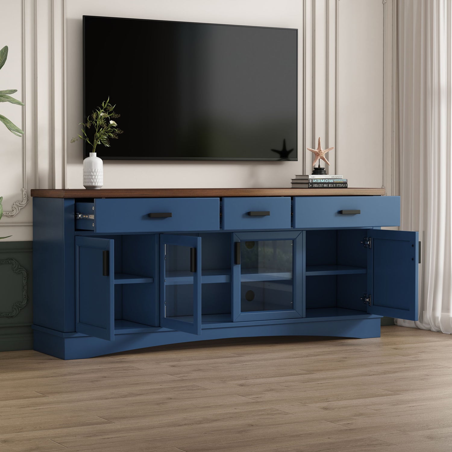 TV Console Stand, Glass Doors &amp; Storage Drawers, Adjustable Shelves
