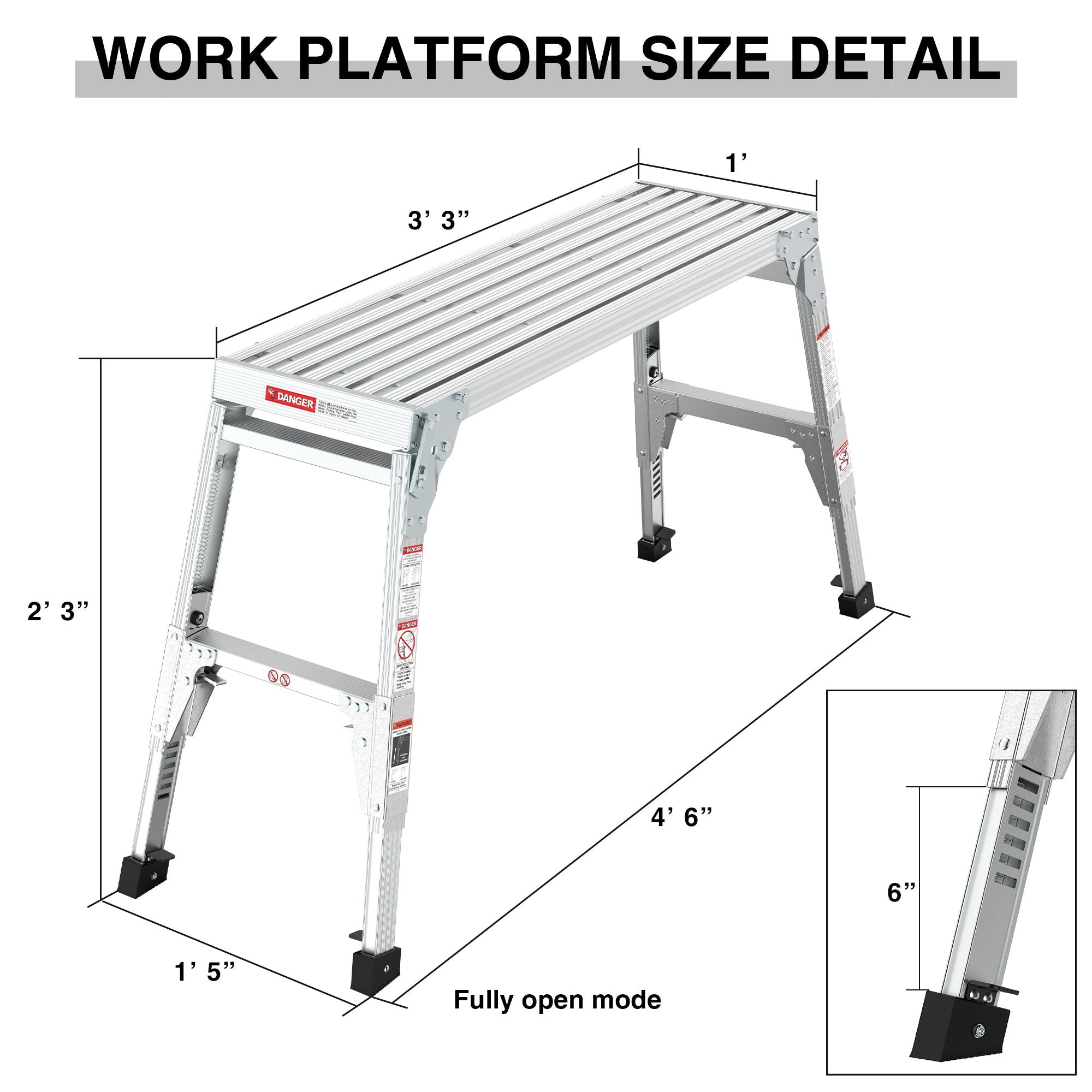 Aluminum Work Platform Large Size Step Stool Folding Portable Work Bench 40&quot; Width Telescopic Feet Height Adjustable - Gray