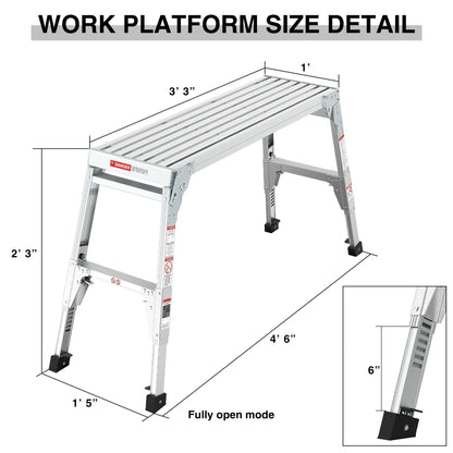 Aluminum Work Platform Large Size Step Stool Folding Portable Work Bench 40&quot; Width Telescopic Feet Height Adjustable - Gray