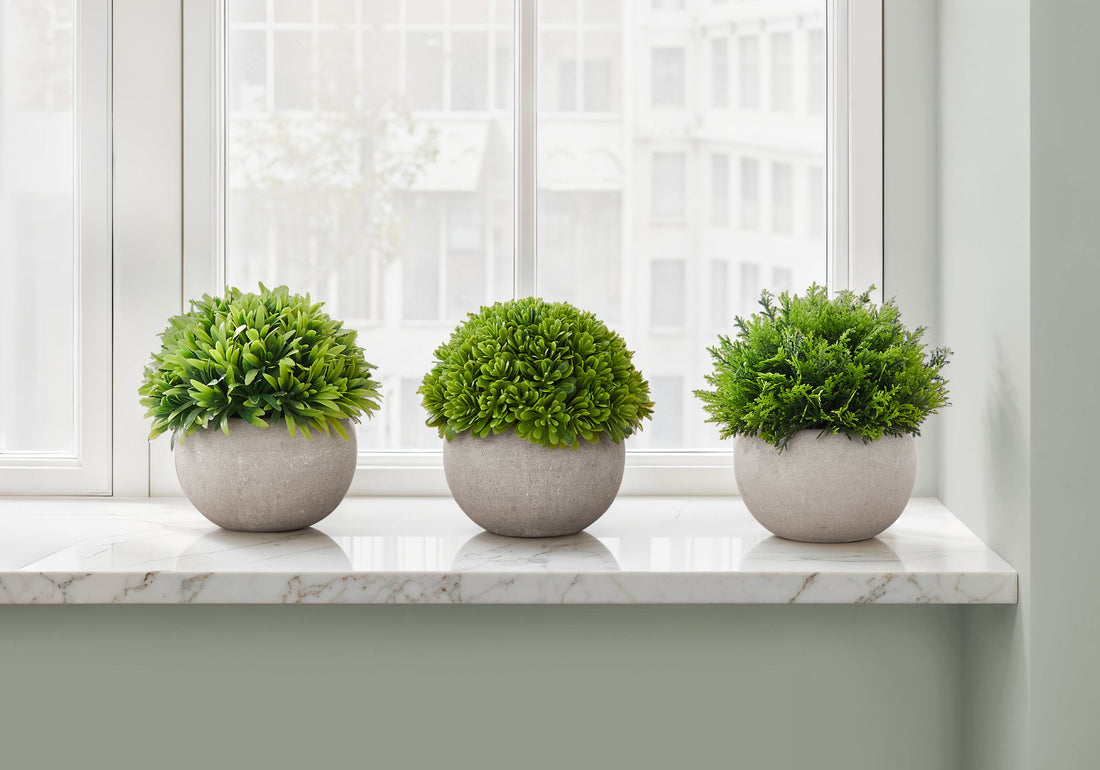 5" Tall, Artificial Plant, Grass, Indoor, Faux, Fake, Table, Greenery, Potted, Decorative (Set of 3) - Green / Gray