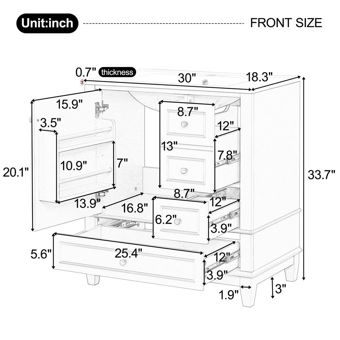 30&quot; Bathroom Vanity With Sink, 1 Door With Shelf And 3 Drawers, Soft Close Door - Black