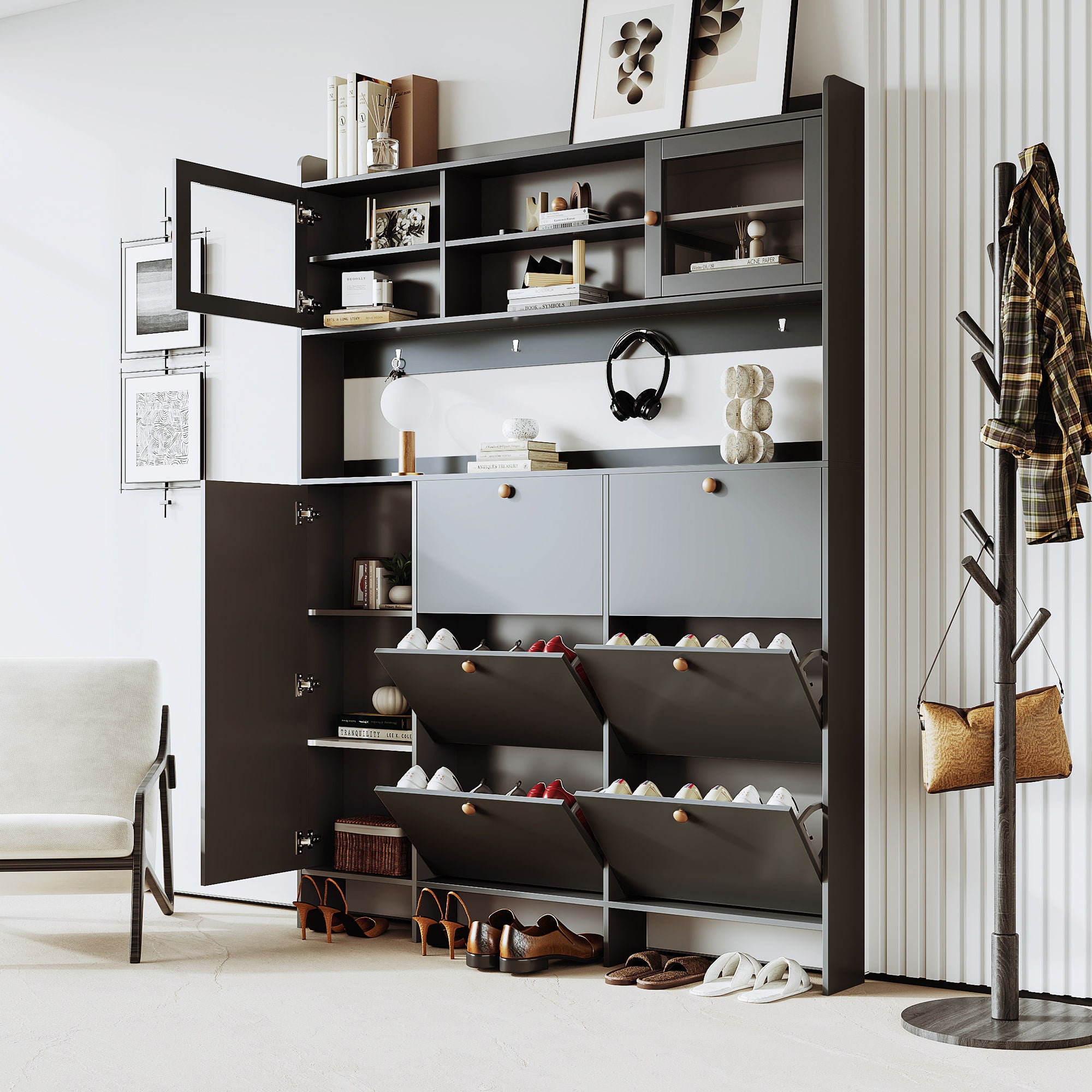 On Trend Multifunctional Tipping Bucket Shoe Cabinet With Storage Shelf &amp; 6 Flip Drawers