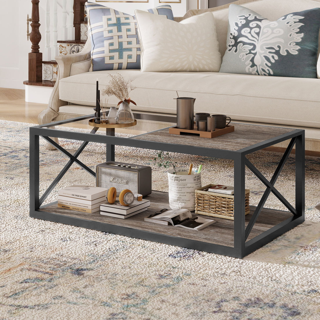 Industrial Style Coffee Table For Bedroom &amp; Living Room With Tempered Glass &amp; Wood Grain - Wood
