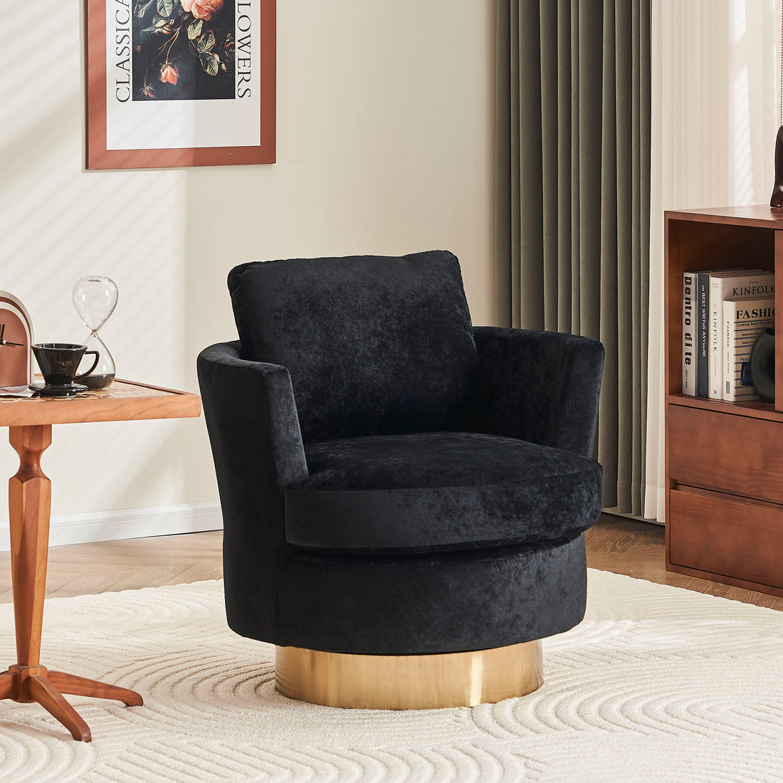 Velvet Swivel Barrel Chair, Swivel Accent Chairs Armchair For Living Room, Reading Chairs For Bedroom Comfy, Round Barrel Chairs With Stainless Steel Base - Black