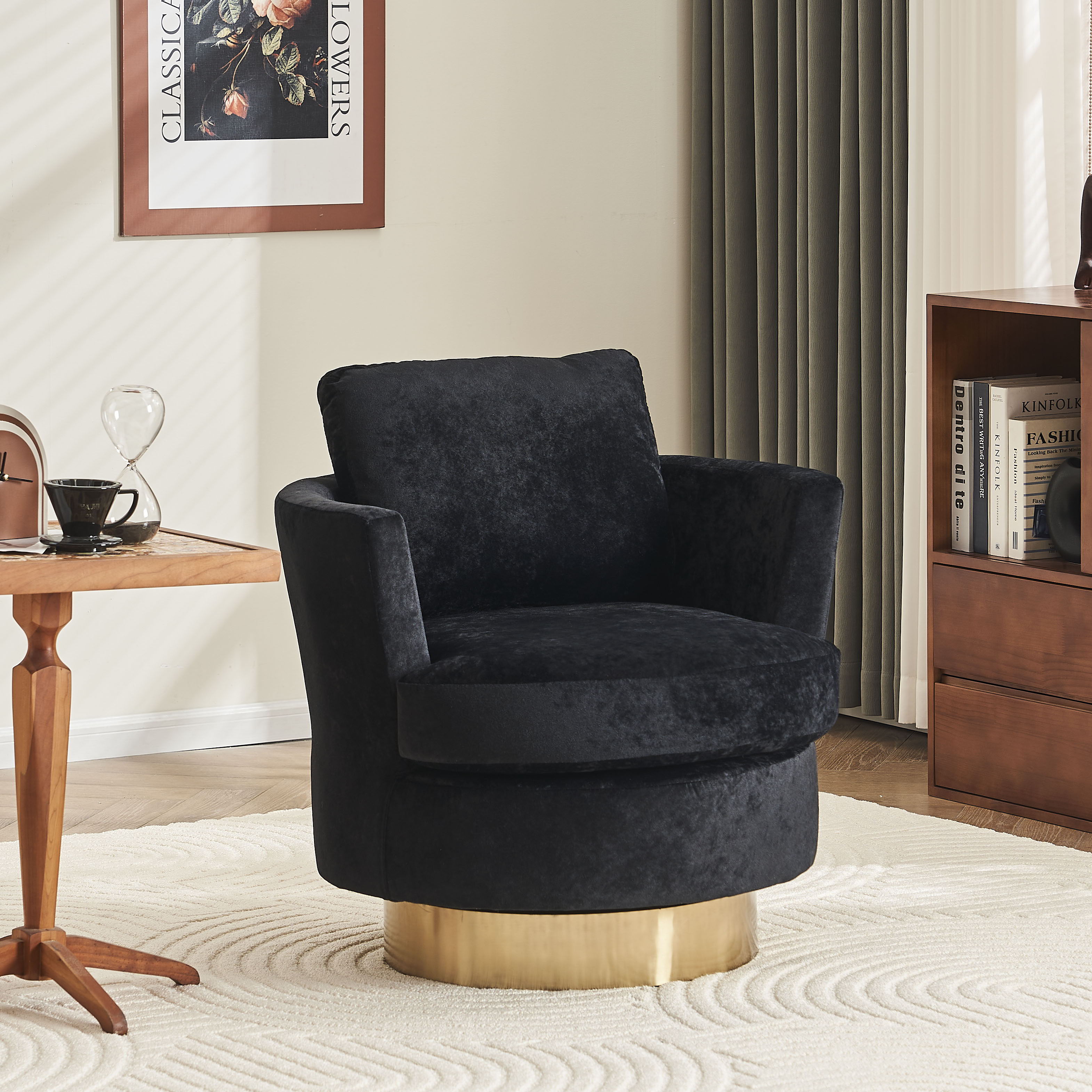 Velvet Swivel Barrel Chair, Swivel Accent Chairs Armchair For Living Room, Reading Chairs For Bedroom Comfy, Round Barrel Chairs With Stainless Steel Base - Black