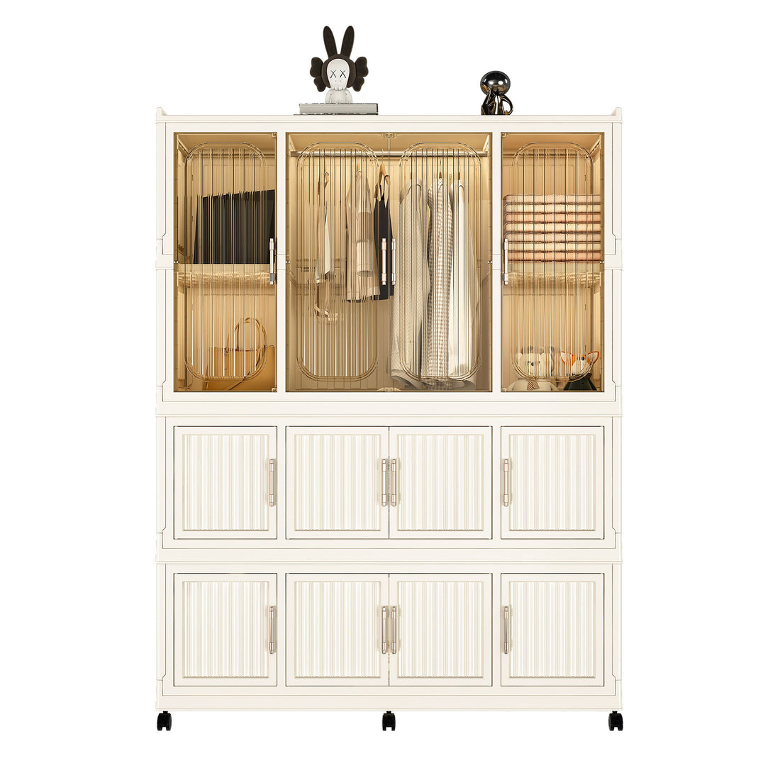 Portable Wardrobe Closet Storage Organizer With 12 Magnetic Doors, 12 Cubes &amp; Hanging Rod - White