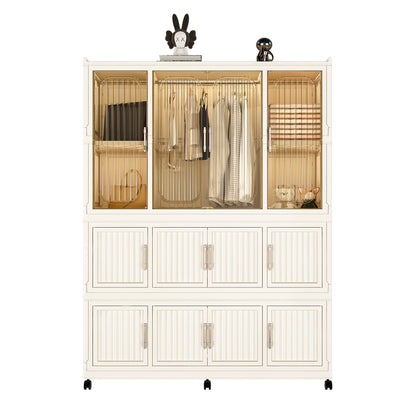 Portable Wardrobe Closet Storage Organizer With 12 Magnetic Doors, 12 Cubes &amp; Hanging Rod - White