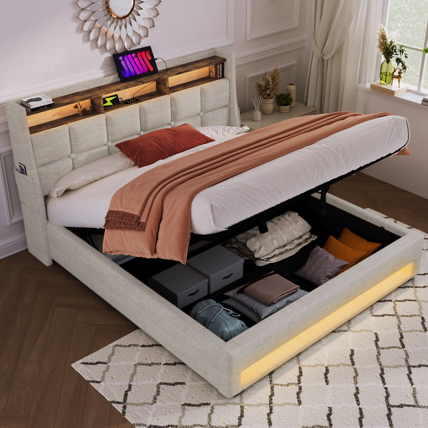 Platform Bed With Hydraulic Storage, LED Lighting &amp; Charging Station
