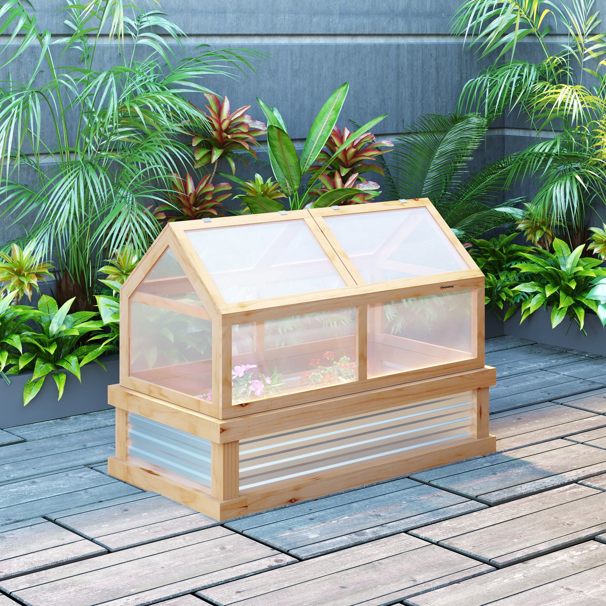 Outsunny - Raised Garden Bed With Polycarbonate Greenhouse, Wooden Garden Cold Frame Greenhouse, Flower Planter Protection, 48&quot; x 24&quot; x 32&quot; - Natural
