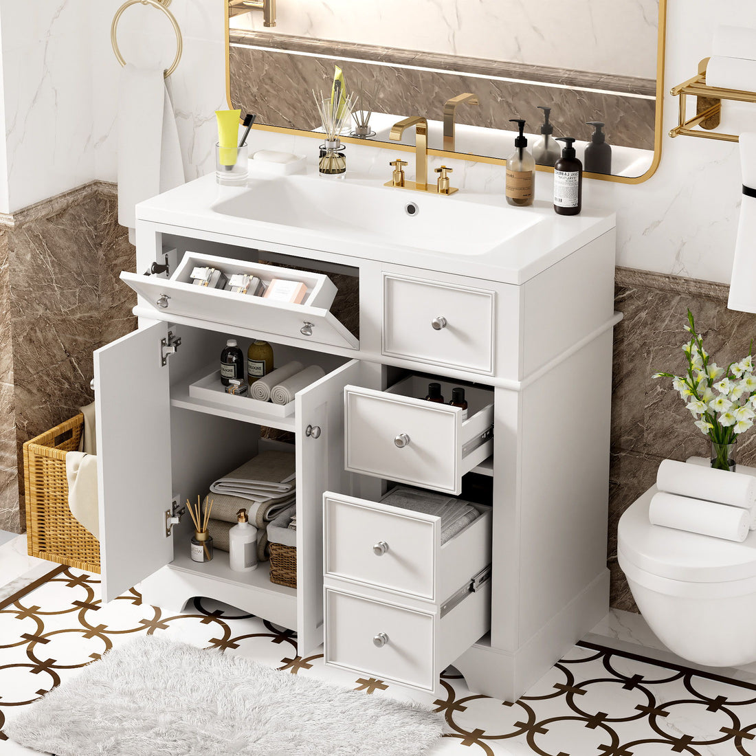 Bathroom Vanity With Resin Sink Combo, Frame Bathroom Storage Cabinet, Freestanding Vanity Set With 3 Drawers &amp; Adjustable Shelf - White