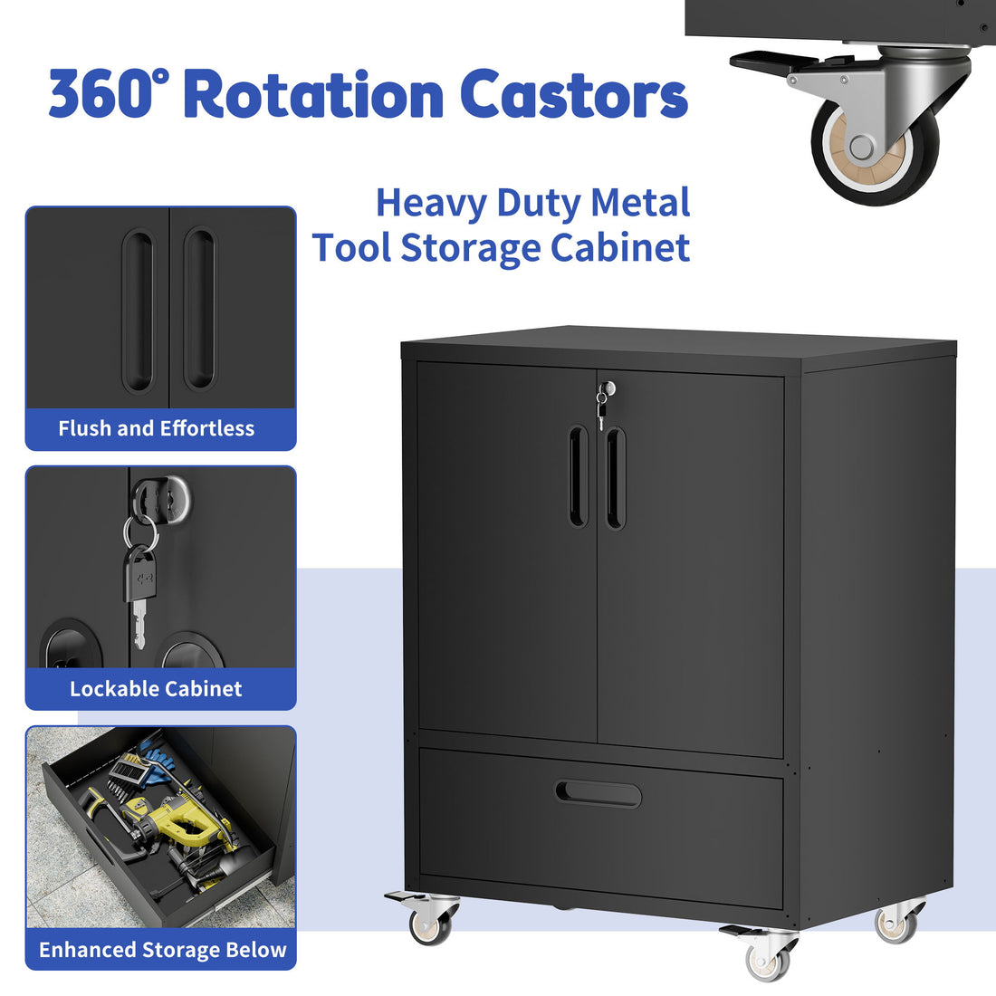 Mobile Tool Cart With Lockable Casters, Heavy-Duty Storage Organizer - Black