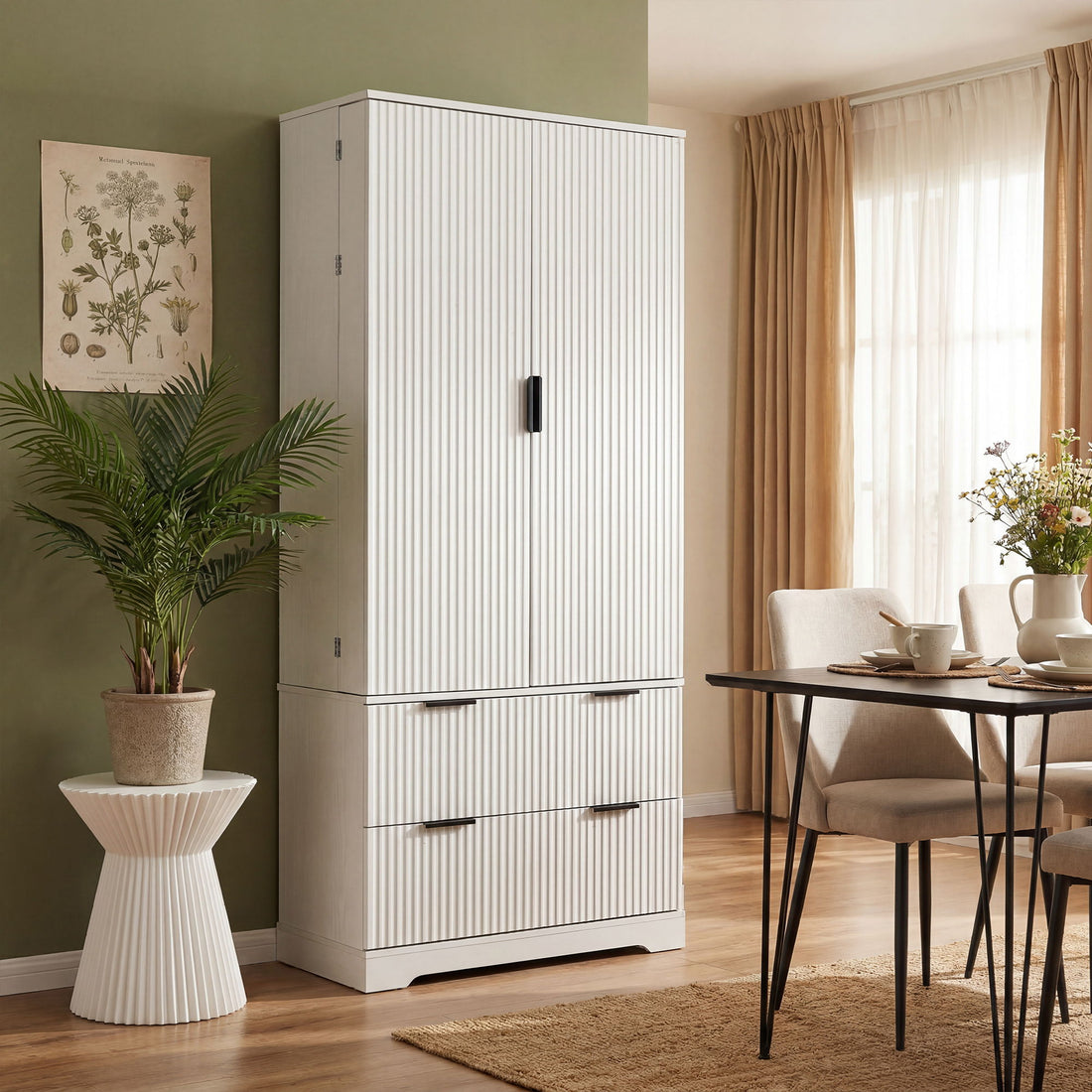 Fluted Kitchen Pantry Cabinet With 2 Large Drawers &amp; 8 Door Spice Rack