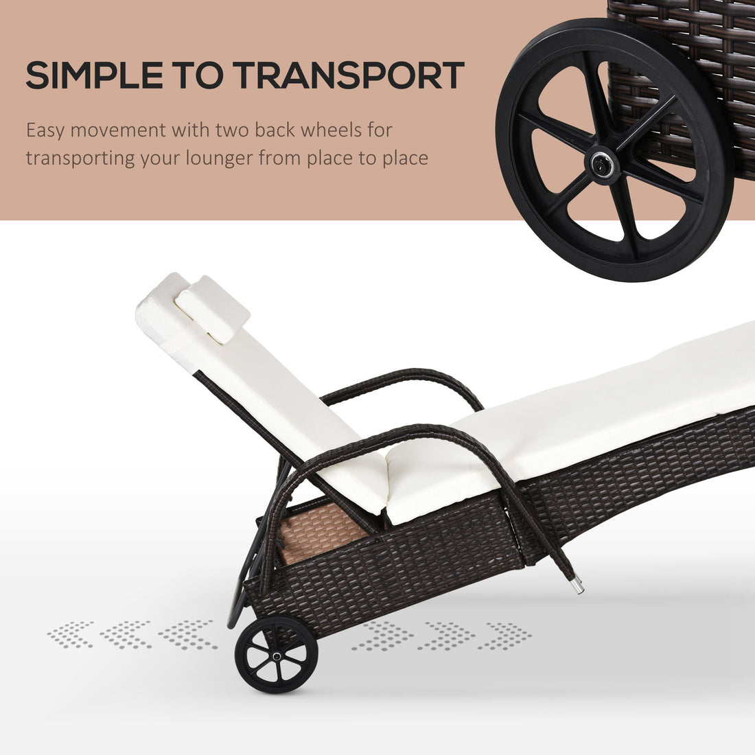 Outsunny - Wicker Outdoor Chaise Lounge, 5-Level Adjustable Backrest Pe Rattan Pool Lounge Chair With Wheels, Cushion &amp; Headrest - Brown / Cream White