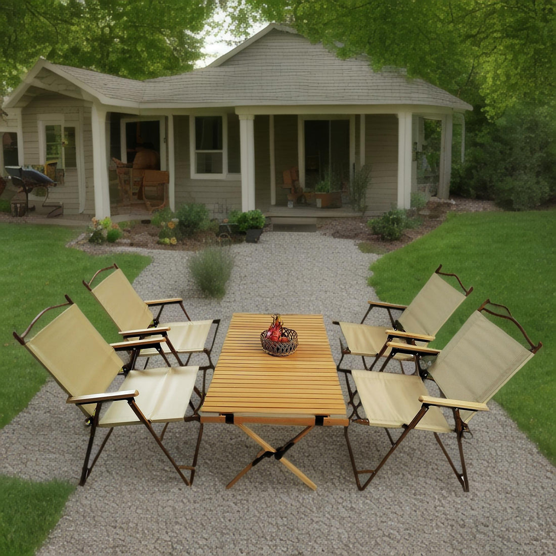 5 Pieces Dining Set, Multi-Function Foldable And Portable, 1 Dining Table &amp; 4 Folding Chairs, Indoor And Outdoor Universal For Children - Natural
