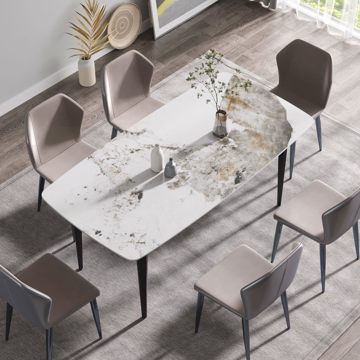 70.87&quot; Modern Artificial Stone Pandora White Curved Black Metal Leg Dining Table - Antique White